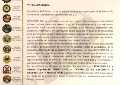 FEDERACIÓN DE COOPERATIVAS MINERAS DE BOLIVIA le pide a Andrónico Rodríguez retire a Mariana…