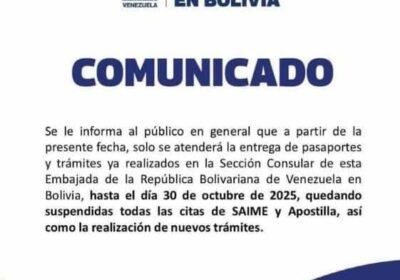 EMBAJADA DE VENEZUELA SUSPENDE TRAMITES, CITAS SAIME Y APOSTILLA