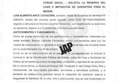 Dos cosas pide Arce Catacora en el caso paternidad. Suspender la muestra de sangre…