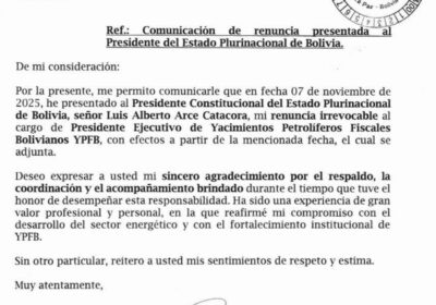 #Último | Armin Dorgathen renuncia a la presidencia de Yacimientos Petrolíferos Fiscales Bolivianos (YPFB),…
