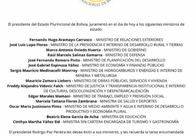 Esta es la lista oficial de ministros difundida por la Oficina del presidente Rodrigo…