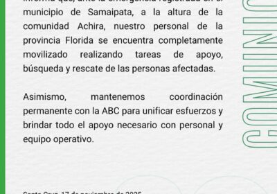 y rescate de las personas afectadas; además, mantienen coordinación permanente con la Administradora Boliviana…