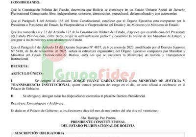 #GrupoFides | #ANF Mediante decreto supremo, Gobierno designa a Jorge Franz García Pinto como…