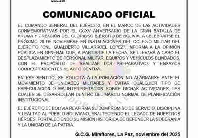 Por los actos de creación del Ejército de Bolivia, a desarrollarse el 28 de…